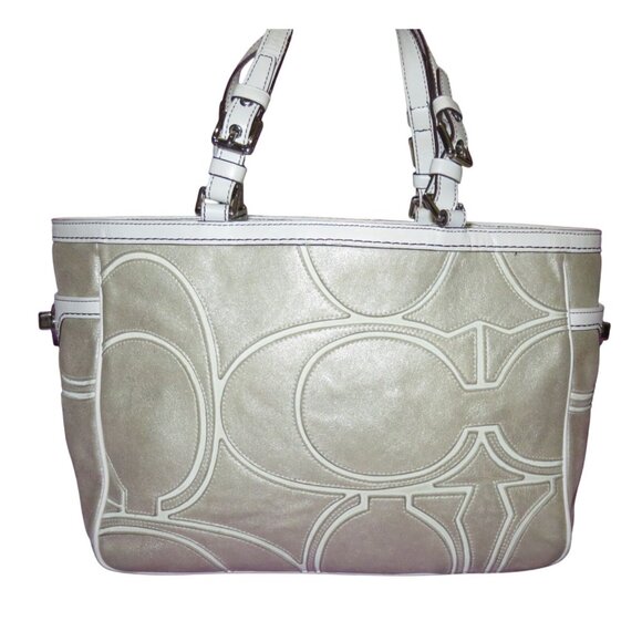 Coach 2005 Silver Leather Pierced Studded Signature Gallery Tote Brown Wristlet - Picture 2 of 12